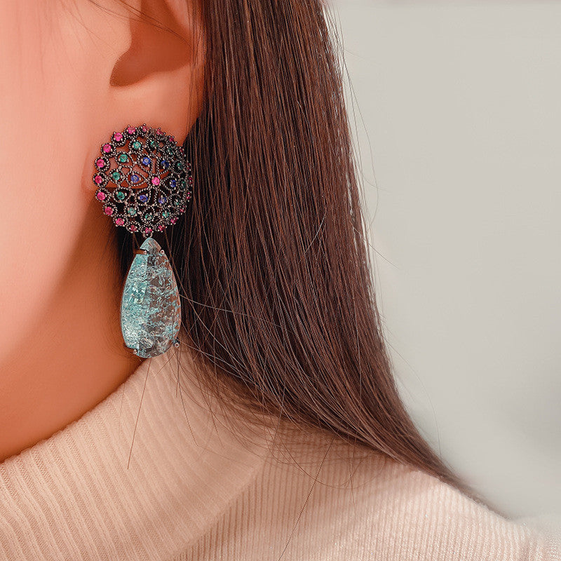 Dandelion Flower Blue Crystal Tassel Earrings
