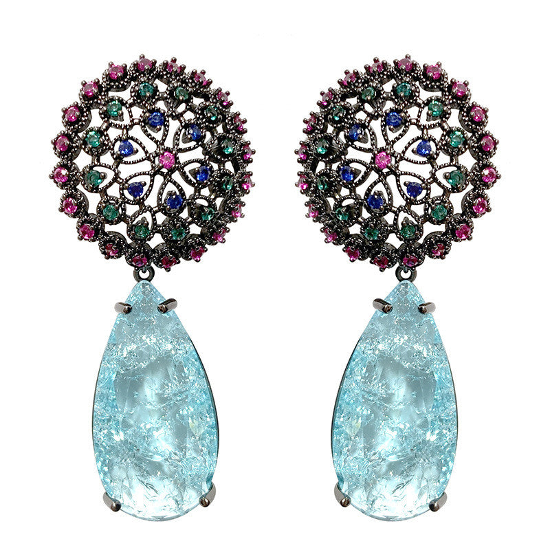 Dandelion Flower Blue Crystal Tassel Earrings