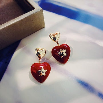 Vintage red peach heart earrings love pentagon