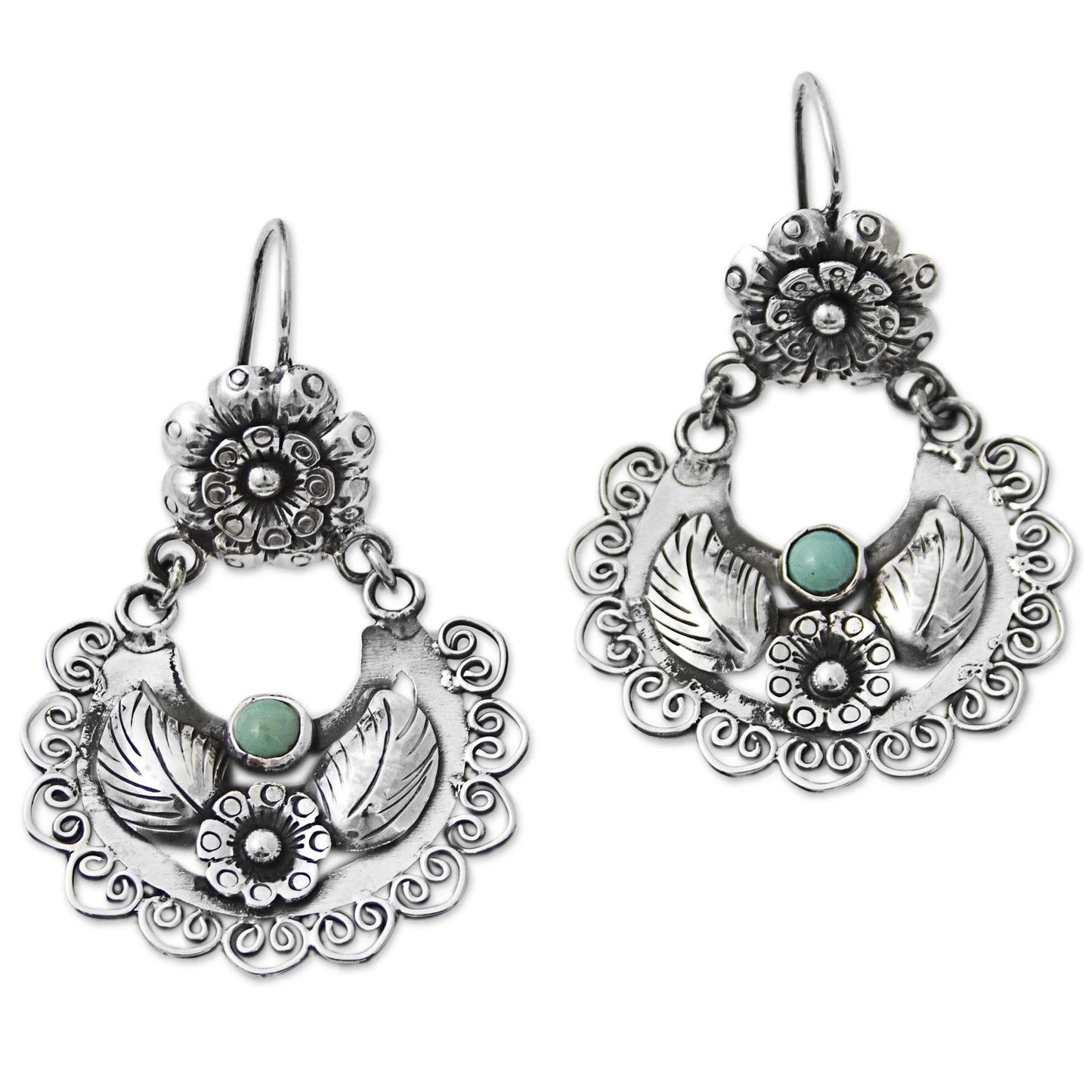 Vintage Floral Heart Embellished Turquoise Earrings